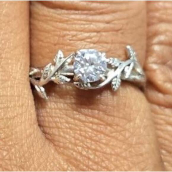 JeenMata Leaf CZ Engagement Ring 0.50 CT Round Cut 18K White Gold Silver Size 5 - Picture 4 of 10